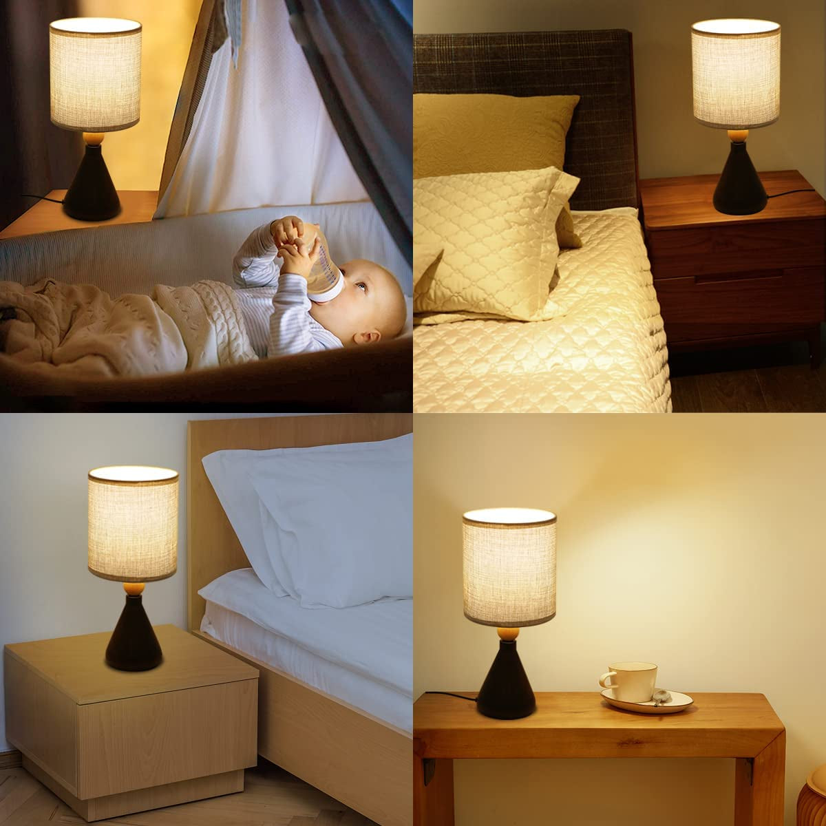 ZEDYOE Dimmable Table Lamp LED Warm White Bedside Lamp,With Gray Fabric Lampshade,E27 Base,For Reading,Bedroom,Living Room,Study,Office(7W Bulb Included)