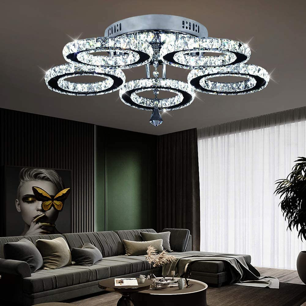 Modern Crystal Chandelier, Led Ceiling Light Flush Mount Stainless Steel Pendant Lights Fixtures for Dining Room Living Room (5 Rings Cool White)