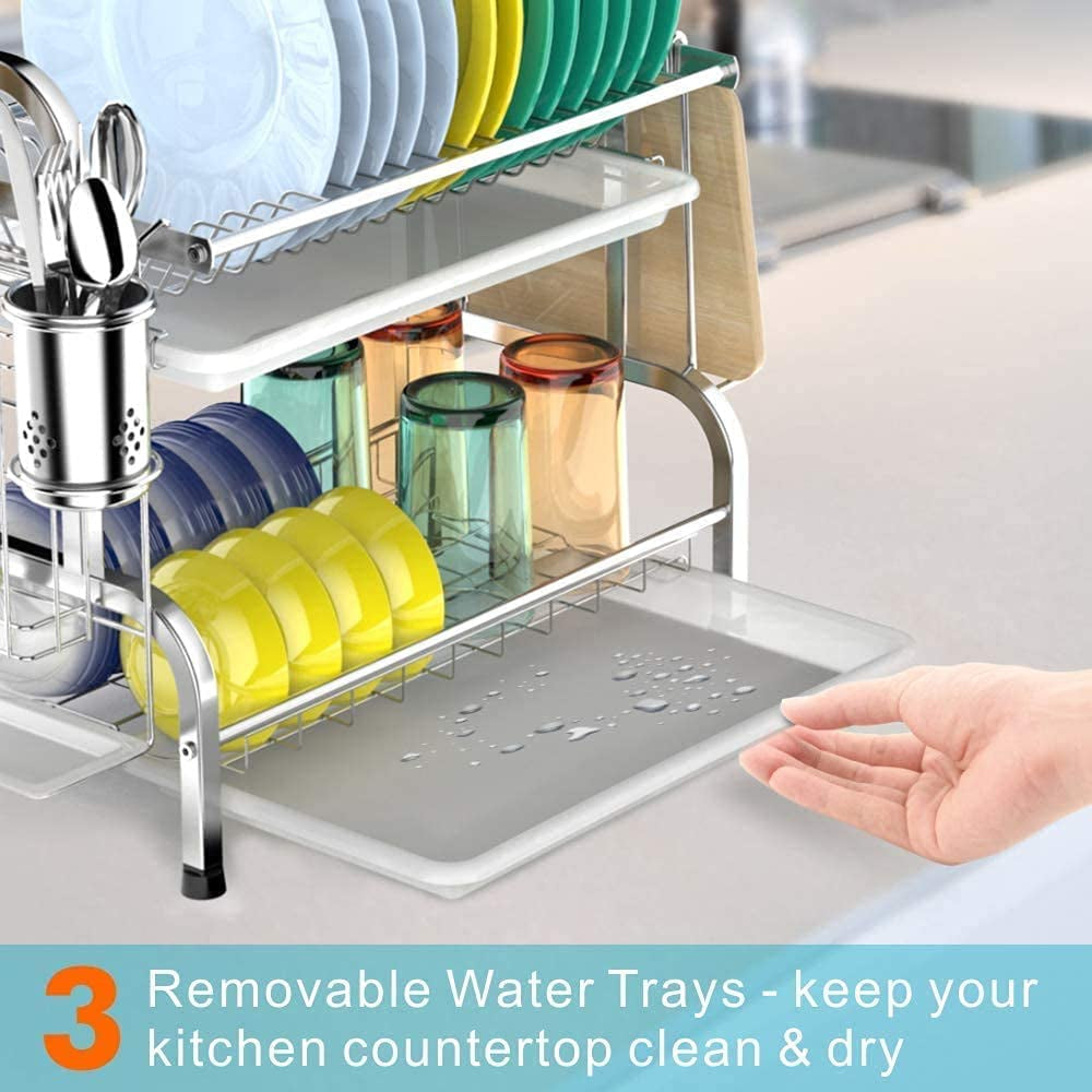 Dish Drying Rack, 304 Stainless Steel Double layer Dish Rack with Trays,  Utensil Holder, Cutting Board Holder, Rustproof Dish Drainer for Kitchen