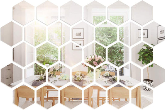 32 Pieces Removable Acrylic Mirror Setting Wall Sticker Decal for Home Living Room Bedroom Decor (Hexagon, 32 Pieces)