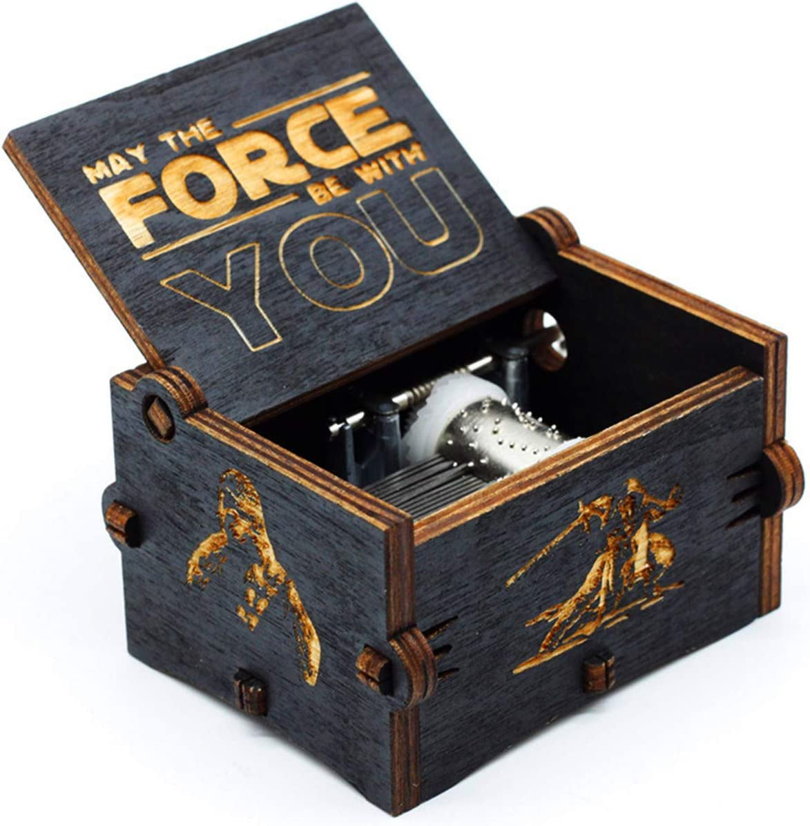 Black Wood Star Wars Music Box, Antique Carved Hand Cranked Wooden Musical Boxes Home Decoration Crafts for Children Gifts