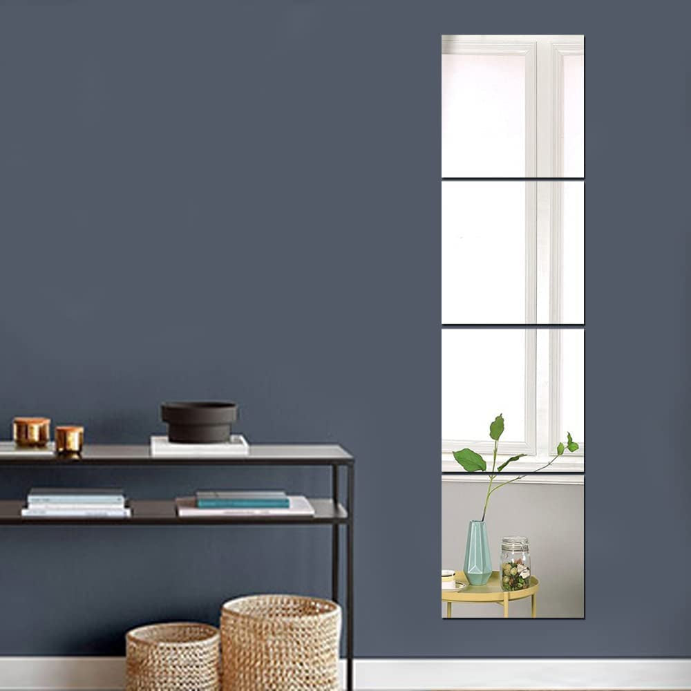 Full Length Wall Mirrors, Floor Mirrors for Walls 4Pcs 12"X12" Acrylic Plexiglass Body Mirror Wall-Mounted Frameless Wardrobe Door Large Long Mirror Home Workout Gym Mirror Dorm Tile Self Adhesive