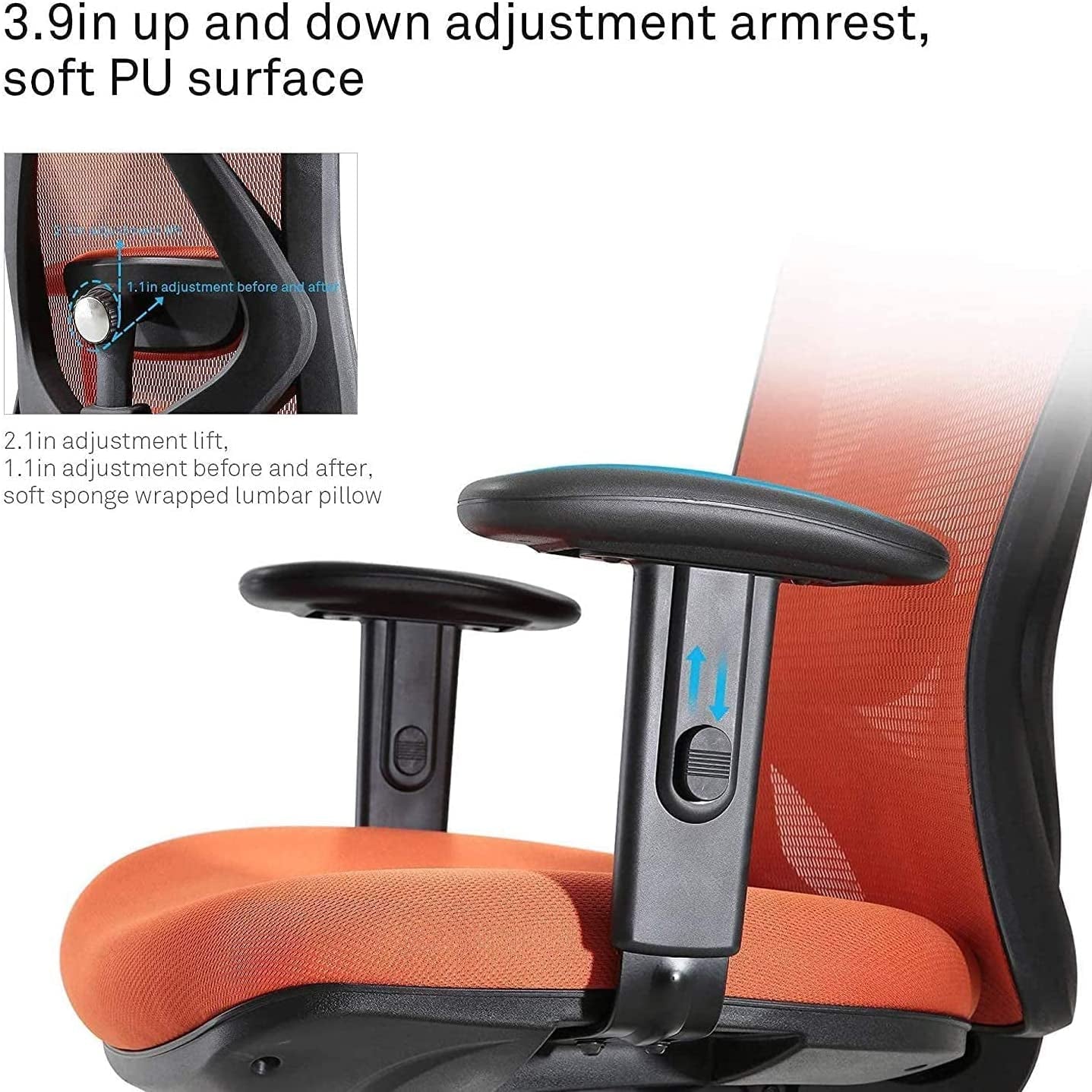 Office Chair Ergonomic Desk Chair, Breathable Mesh Design High Back Computer Chair, Adjustable Headrest and Lumbar Support (Orange)