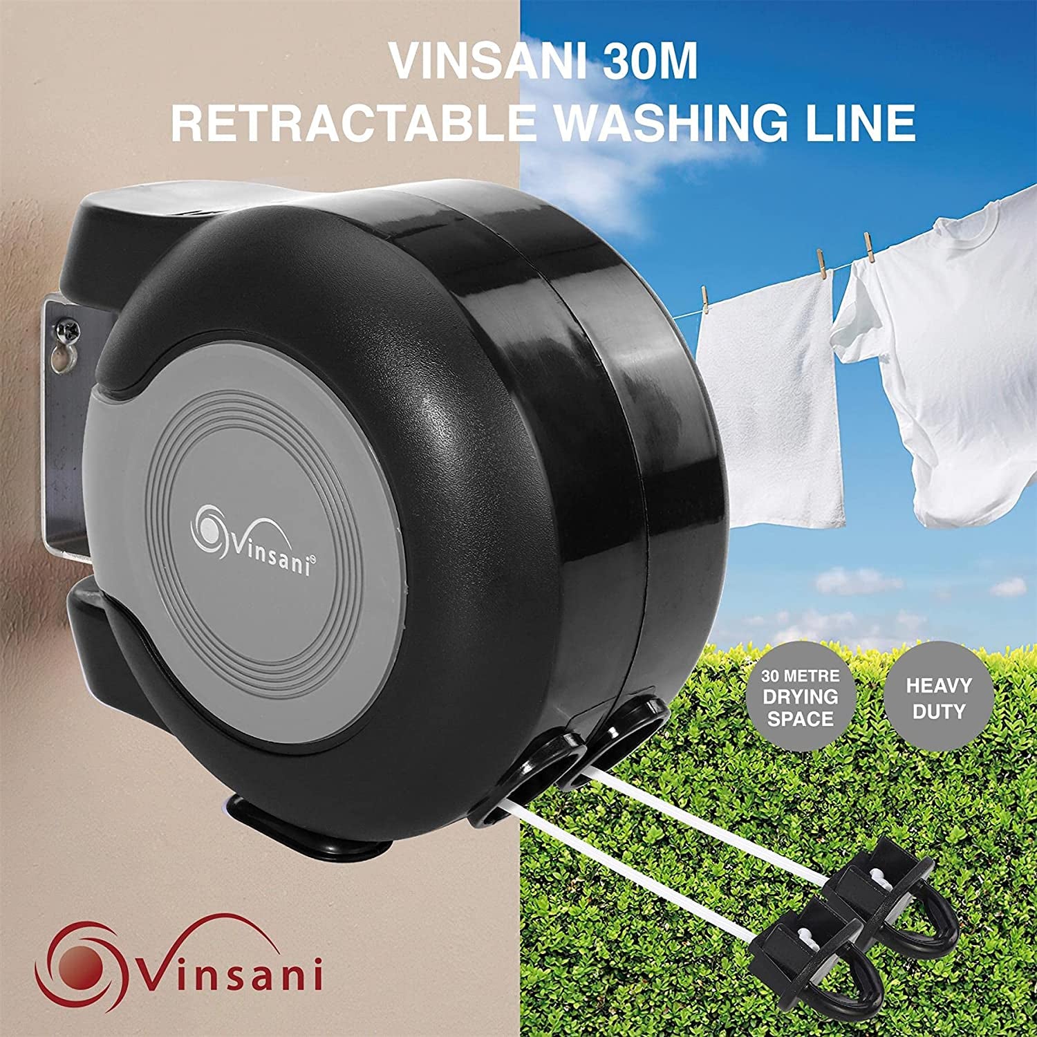 30 Metre Retractable Reel Clothes Lines Washing Line with Twin Cable - Wall  Mounted Heavy Duty Clothes Dryer 2 X 15M Lines of Drying Space, Black