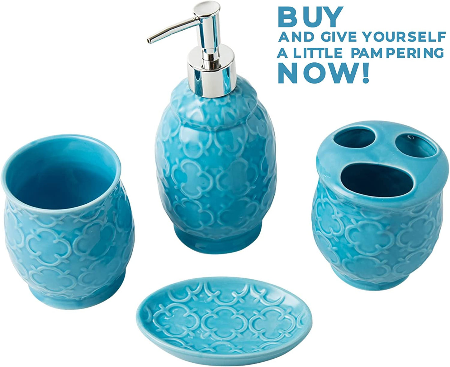 Bathroom Designer 4-Piece Ceramic Bath Accessory Set - Includes Liquid Soap or Lotion Dispenser W/Toothbrush Holder, Tumbler, Soap Dish - Moroccan Trellis - Bath Accessories Set - Holds 461Ml