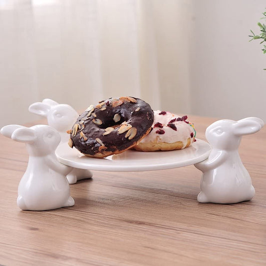 Bunny Rabbit Ceramic Plate,Dishes for Dessert Food Server Tray,Cute Cake Stand, Tableware Crafts Gift for Kitchenware Lovers,Wedding,Mother'S Day Easter Day(3 Rabbit)