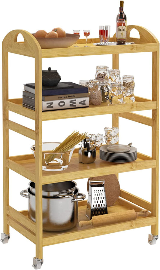 Bamboo Kitchen Serving Trolley Cart 4 Tier Kitchen Storage Rack Serving Trolley on Wheels Restaurant Storage, KS-ZC07-BH