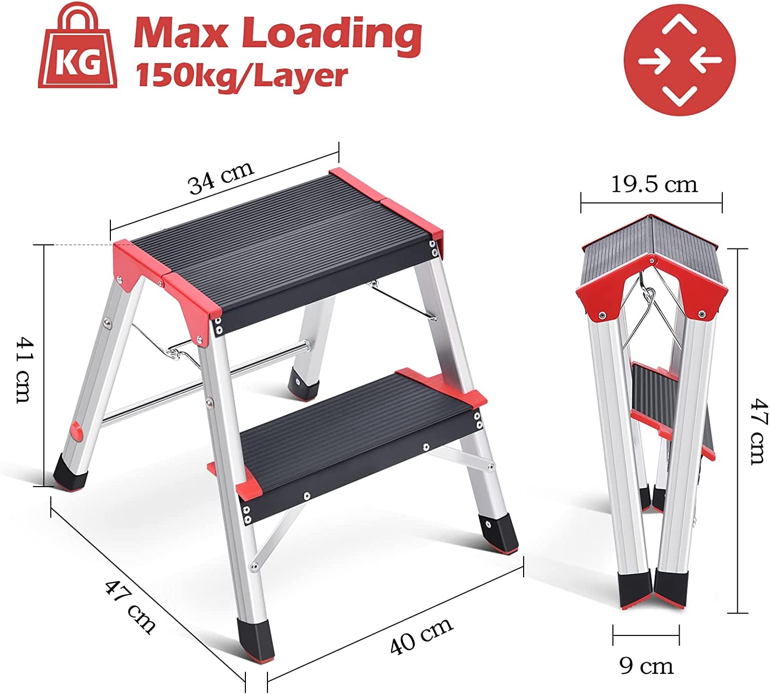 Aluminum Step Ladder 2 Step, Lightweight Step Stool with Widened Platform, Multi Purpose and Anti-Slip Folding Step Stool, Maximum Load 150 Kg, Red