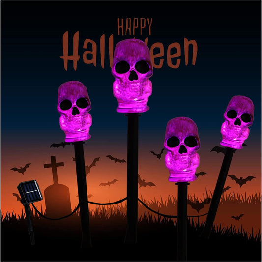 Halloween Decorations Solar Lights Outdoor,  Purple Lighted Skeleton Skull Pathway Stake String Lights, 4 Pcs Halloween Yard Stakes Garden Solar Lights, Halloween Party Décor Walkway Lights