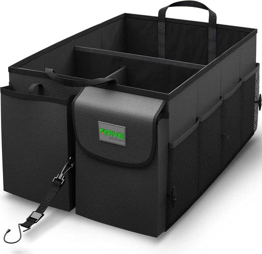 Car Boot Organiser (Black) - Storage with Tie down Straps, Best for Tidy Auto Organization & Boot Bag Maintenance, Non-Slip Secure Travel Tote Is Foldable