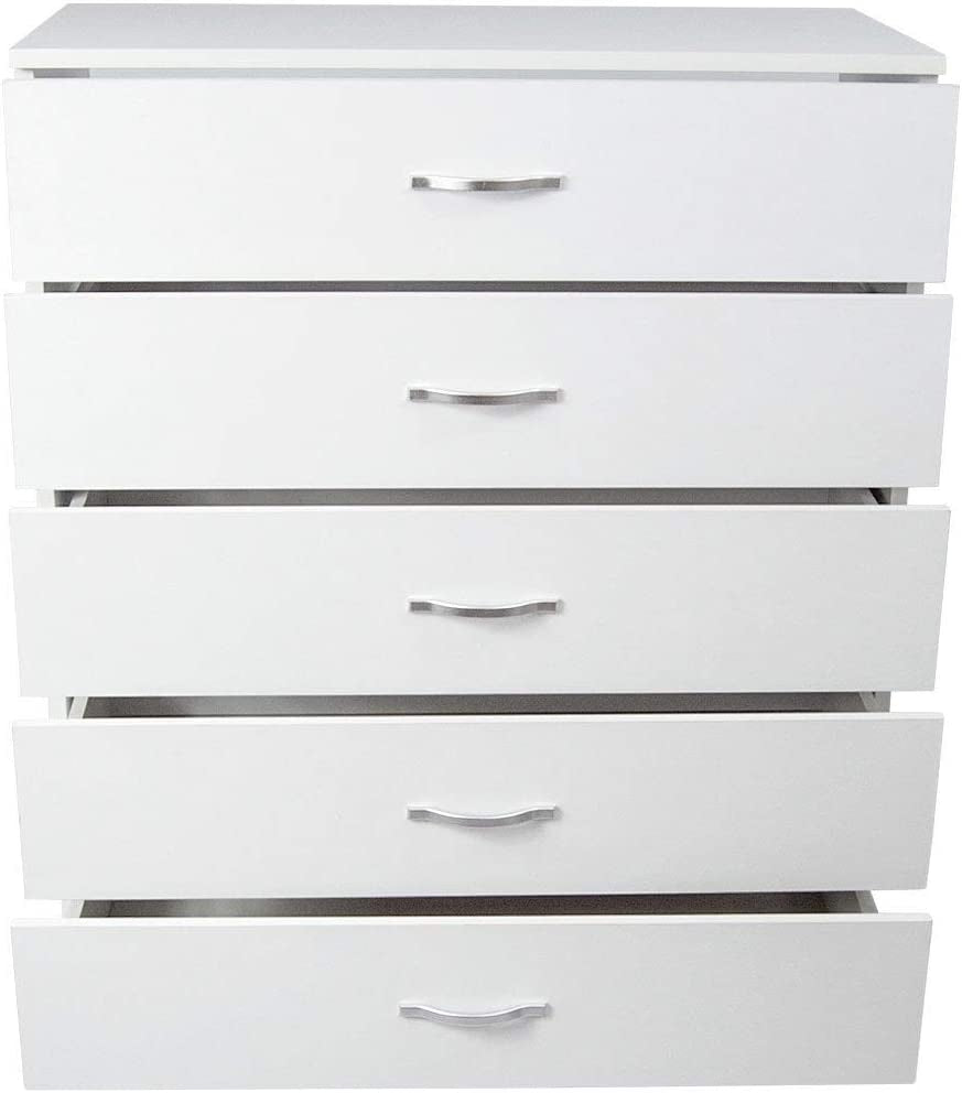 White Chest of Drawers, 5 Drawer with Metal Handles and Runners, Unique Anti-Bowing Drawer Support, Riano Bedroom Furniture
