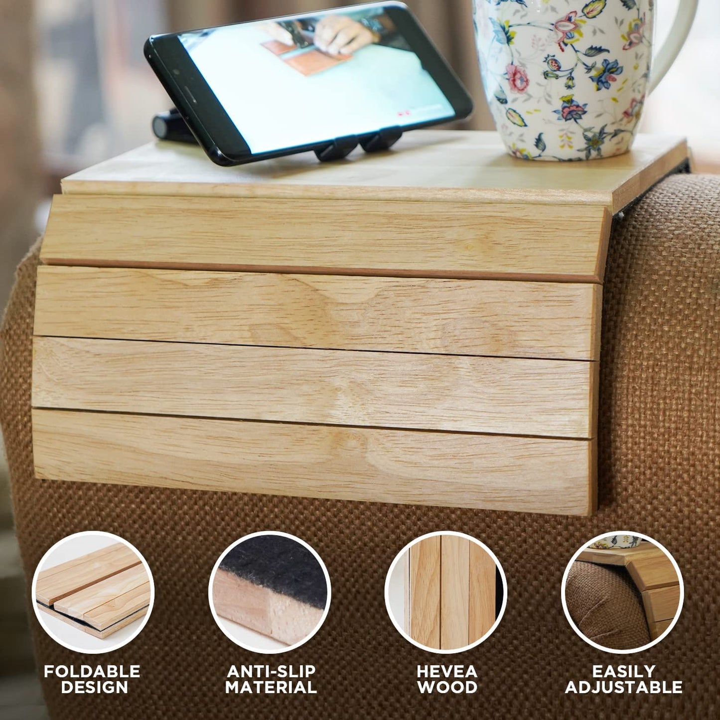 Sofa Arm Tray Foldable Wooden Armrest Tray Sofa Organiser for Drinks, Snack, Magazine, and Remote - Square Couch Protector Laptop and Tablet Holder