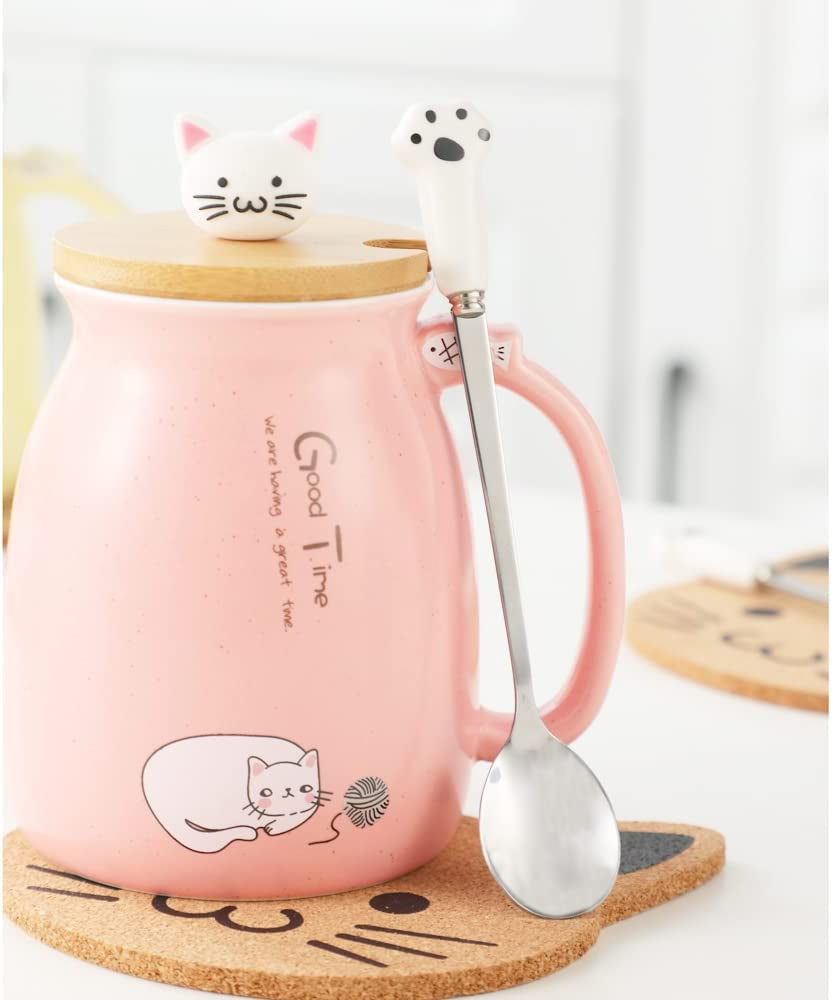 Cat Mug Cute Ceramic Coffee Cup with Lovely Kitty Lid Spoon,Morning Cup Tea Milk Christmas Mug 380ML