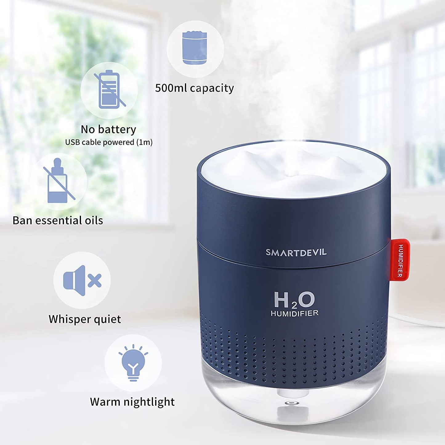 Humidifiers 500Ml for Home, Cool Mist Air Humidifier with Night Light, Whisper Quiet USB Humidifiers, Waterless Auto-Off, Humidifiers for Bedroom Baby, Yoga, Office, Plants - 2 Filter