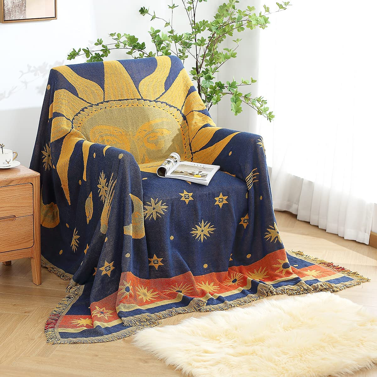 Decorative 100% Cotton Woven Throw Blanket Sofa Towel Cotton Warm Slipcover 130 X 180Cm (Sun Moon Stars)