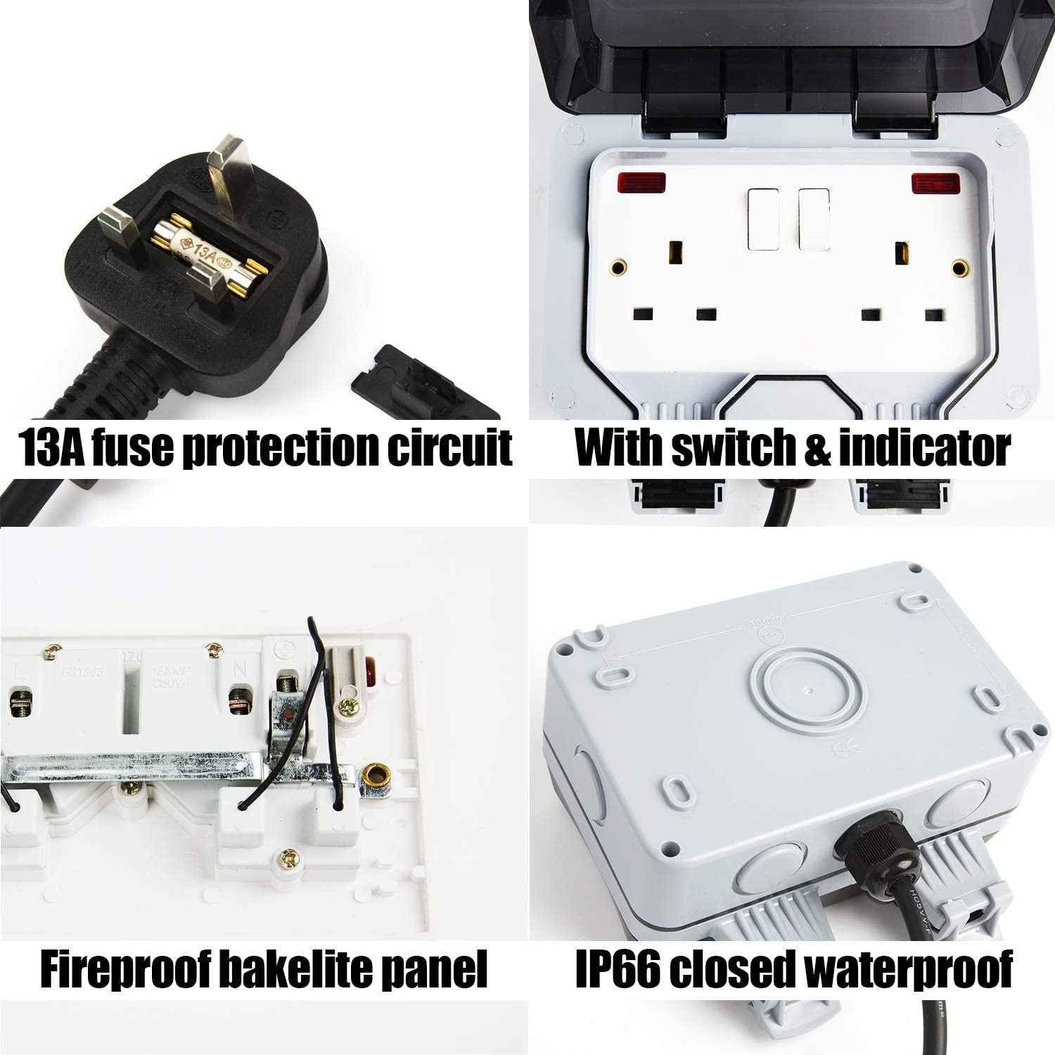 10M 2 Gang IP66 Waterproof Outdoor 2 Way Extension Lead Socket with Switch Indicator Light
