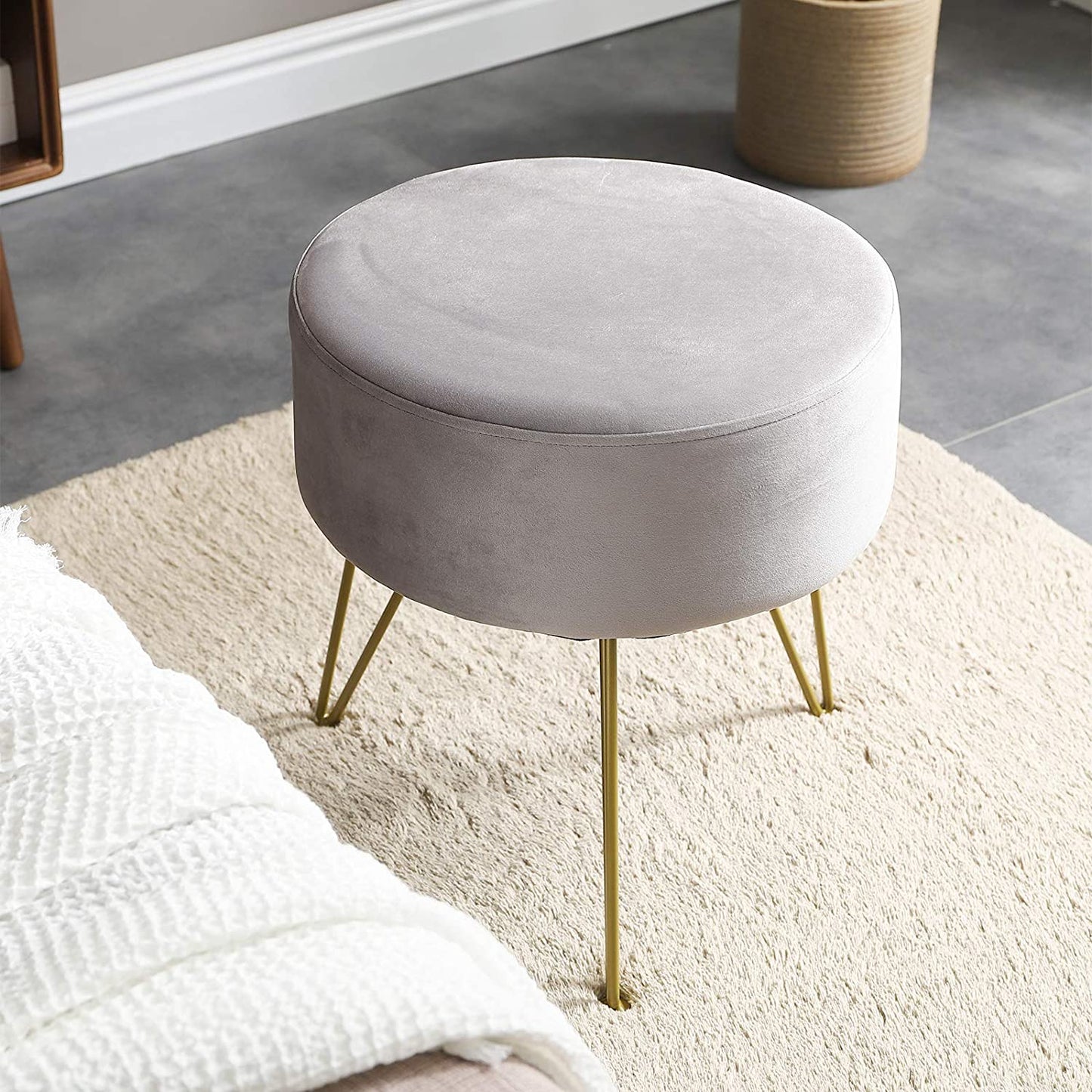 Footstool Velvet round Ottoman Pouffe Stool Dressing Table Stool Metal Legs Removable Cover, for Home Living Room Fitting Room Bedroom Office, Makeup RF-010