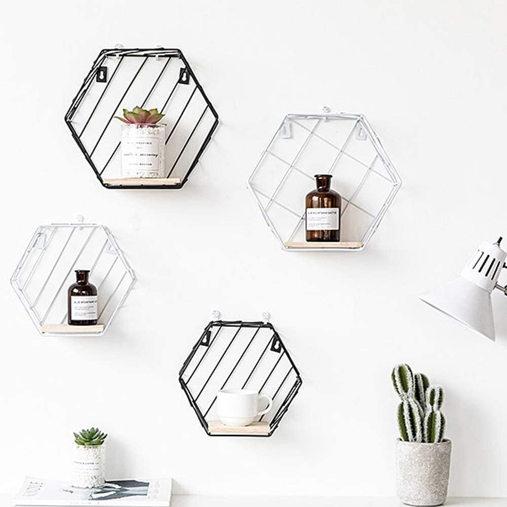 Floating Shelves Wall Mounted Metal Wire Art Hexagon Shelves with Solid Wood Board for Plant Display, Storage Racks & Organiser, Home Decoration Wall Shelf Set of 2 (White, Stripe)