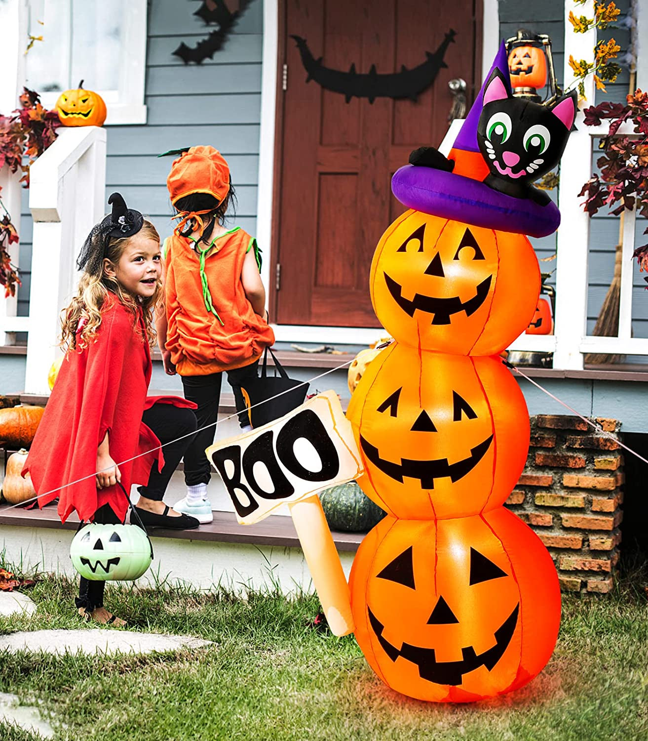 Halloween Inflatable Decoration, 5Ft/1.5M Cute Pumpkins Lamp with Witch Hat Cat Build-In LED Light up Home Yard Garden Lawn for Indoor Outdoor Holiday Party