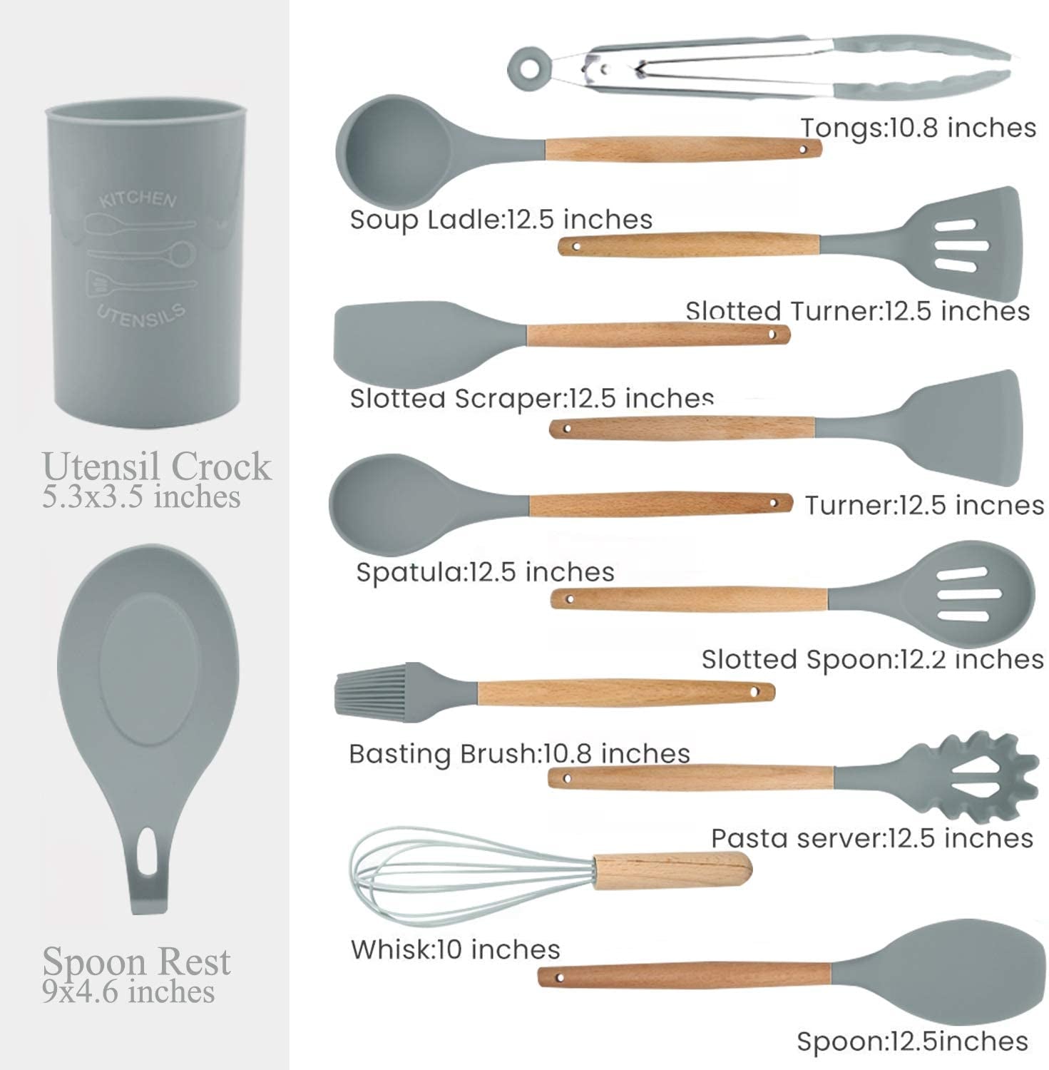 Silicone Kitchen Utensils Set,13 Pcs Wooden Handles Spatula Set,Cooking Utensils for Non Stick Pans,Silicone Spatulas for Cooking Kitchen Gadgets Tools (Grey)