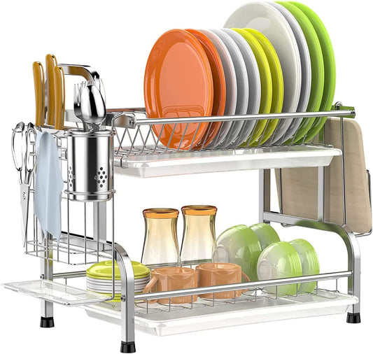 304 Stainless Steel Dish Drainer Rack,  2 Tier Dish Drying Rack for Kitchen Counter, Rust Proof Dish Drainers with Drip Tray, Dish Rack with Swivel Drainage Spout