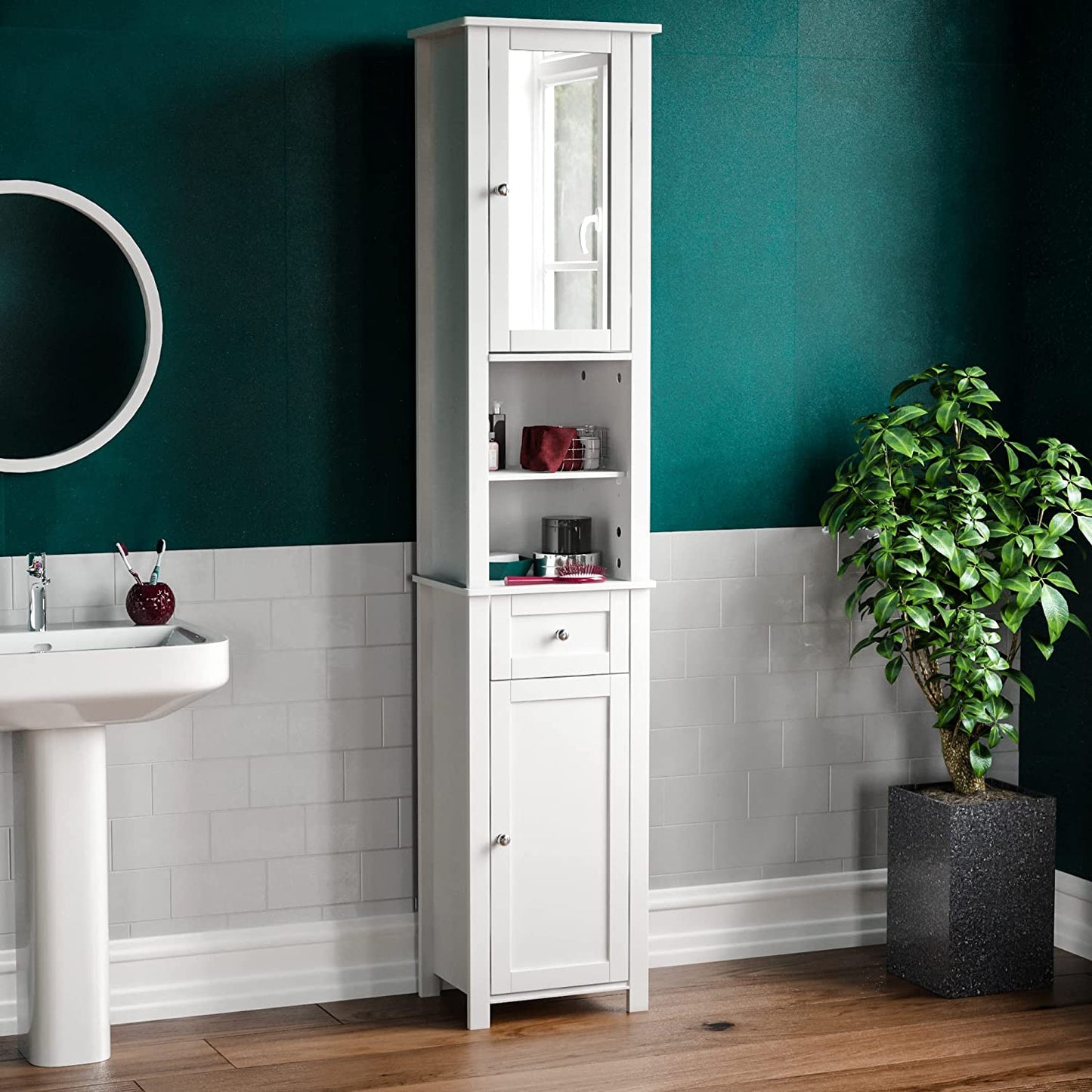 Priano Tall Mirrored Bathroom Cabinet Storage Cupboard Floor Standing Tallboy Unit, White