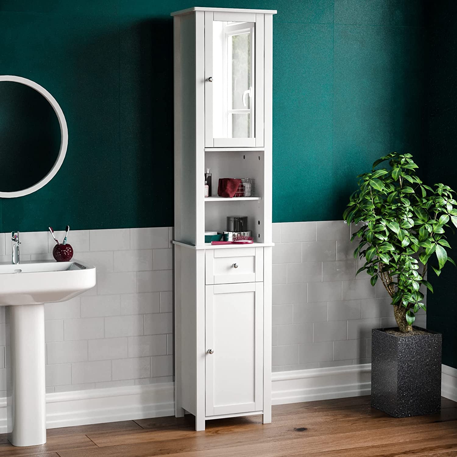 Priano Tall Mirrored Bathroom Cabinet Storage Cupboard Floor Standing Tallboy Unit, White