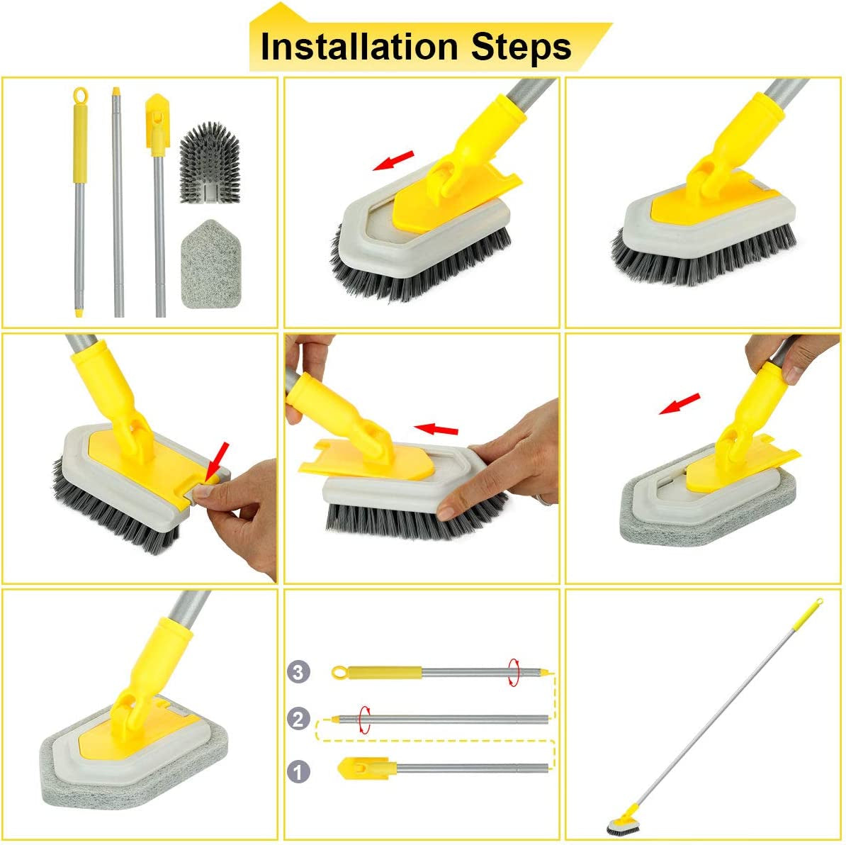 Number-one Floor Scrub Brush with Long Handle 35, Shower Cleaning Brush  Telescopic Scrubber Brush Kit, Scrubber with 1 Stiff Bristles & 3 Sponge