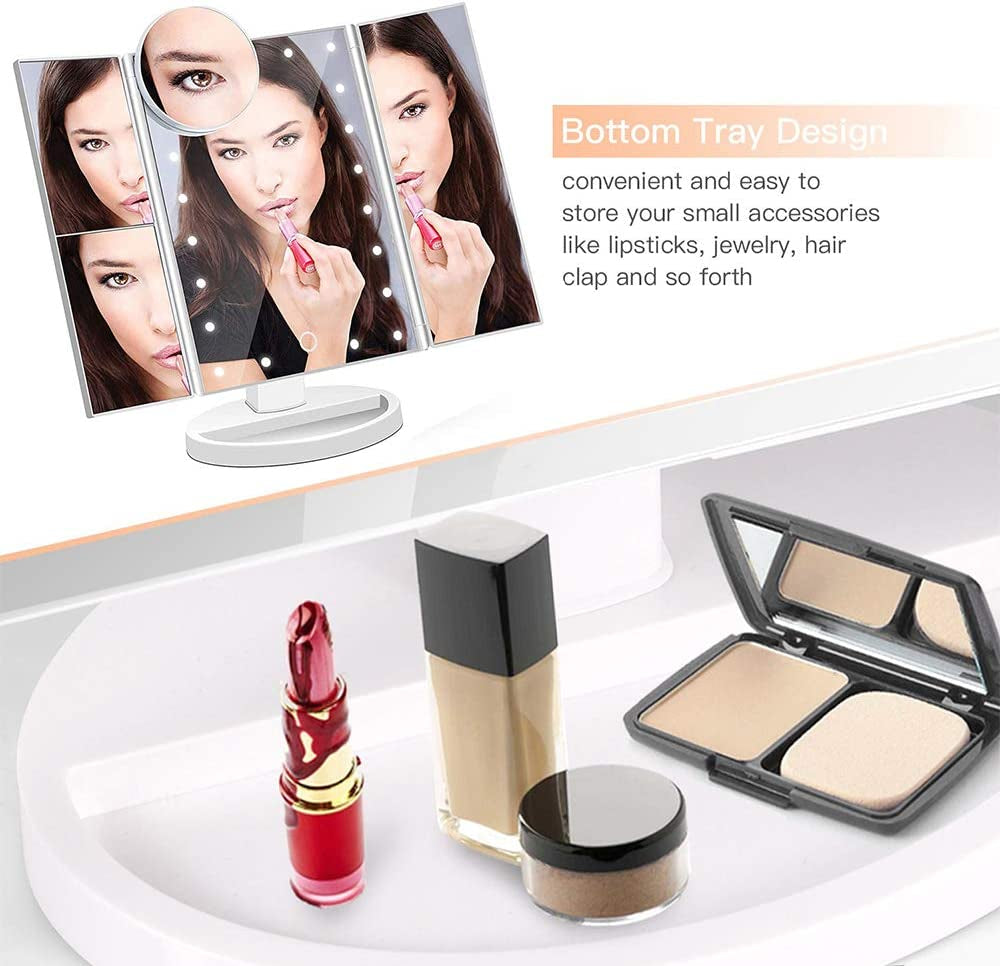 Makeup Mirror with LED Lights, 21 LED Lights Vanity Cosmetic Mirror with Touch Screen, Magnification Tri-Fold 2X 3X 10X Magnifying, 180° Free Rotation, Dual Power Supply LED Mirror (White)