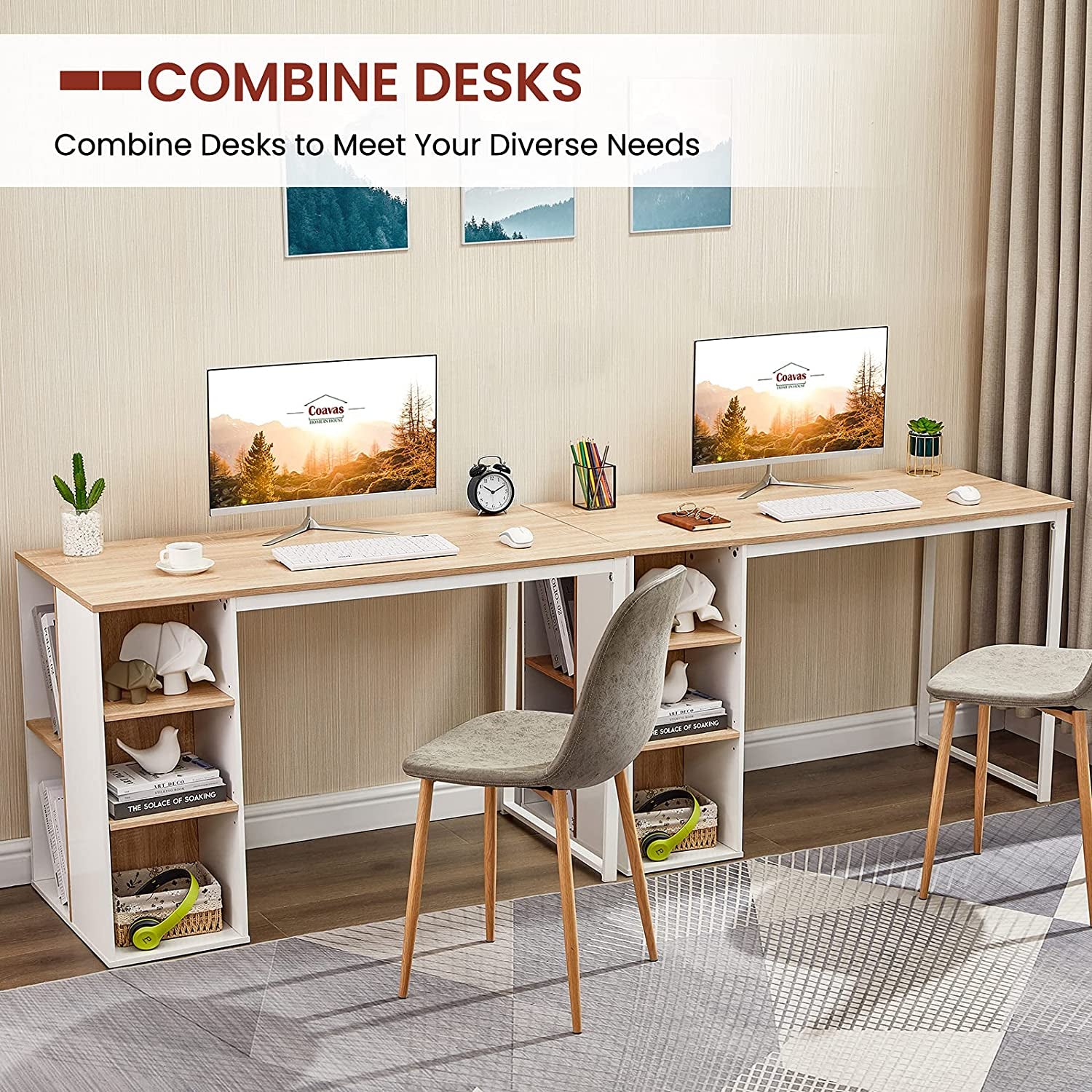 Computer Office Desk Gaming Desk Wooden Pc Writing Desk with 5 Storage Shelves Home Corner Workstation Industrial Table Bedroom Student Kids Study Laptop for Home Work, Beech with White Metal Legs