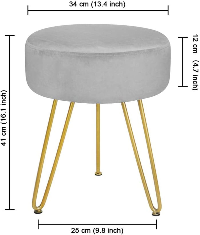 Footstool Velvet round Footrest Ottoman Modern Dressing Table Stool, Shoe Bench for Living Room Bedroom with 3 Golden Metal Leg(Grey1)