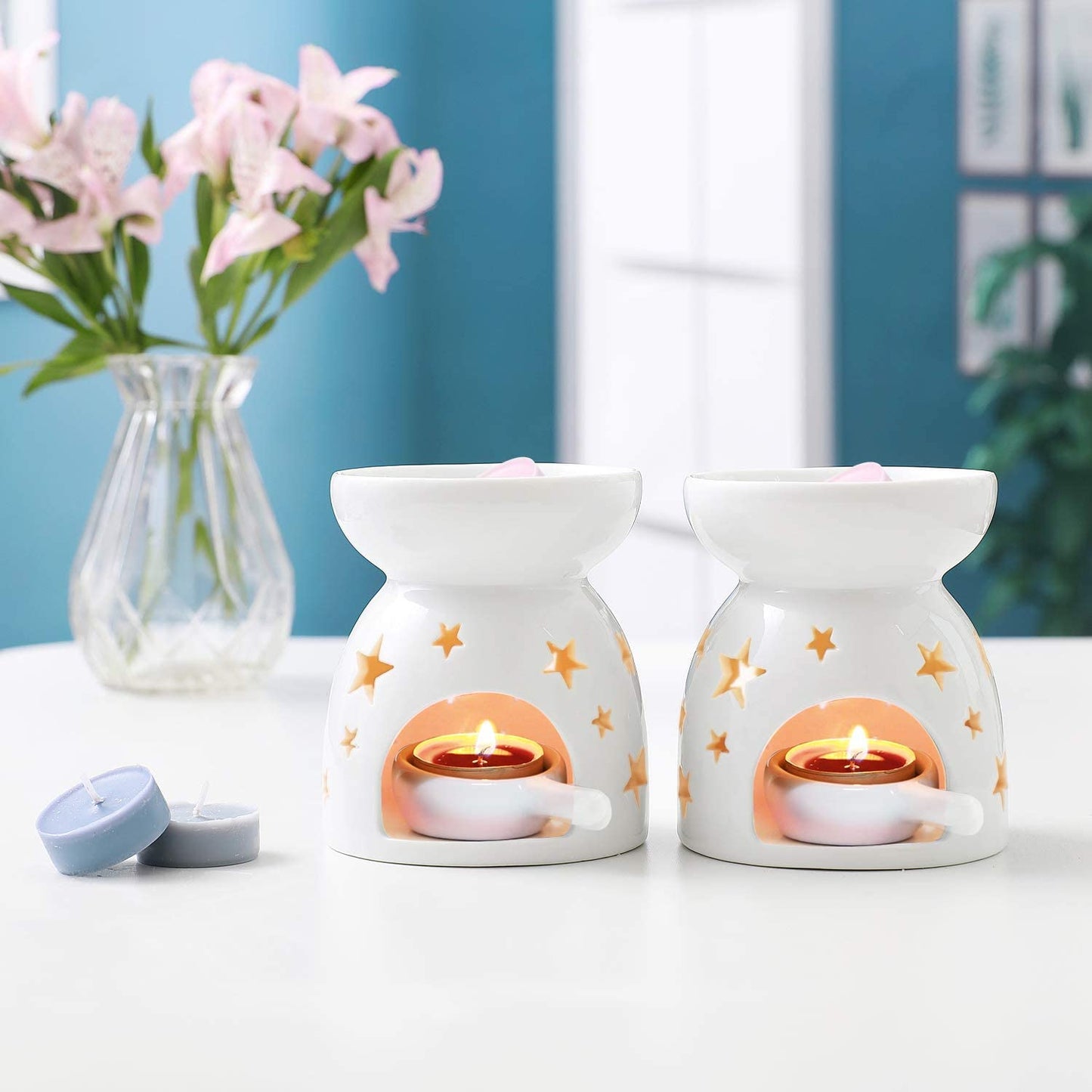 Ceramic Oil Burners Wax Melt Holders Set of 2 - Star Pattern, Lovely Aromatherapy Essential Oil Burner Aroma Lamp Diffuser Candle Tealight Holder Home Bedroom Decor Christmas Housewarming Gift