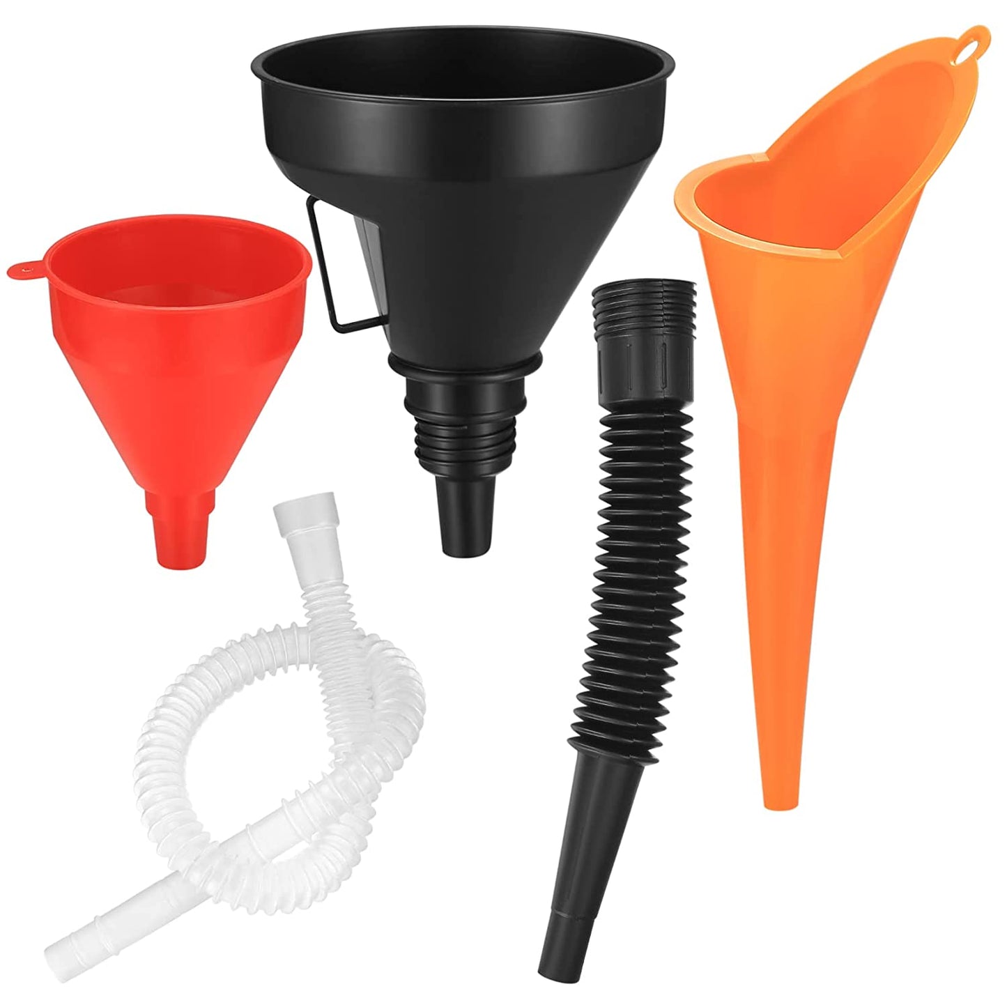 3 Pcs Right Angle Flexible Plastic Funnel Set, Universal Car Gasoline Fuel Petrol Engine Funnel with Detachable Spout and Long Mouth Funnels for Motorcycle Car Automotive - Red/Orange/Black