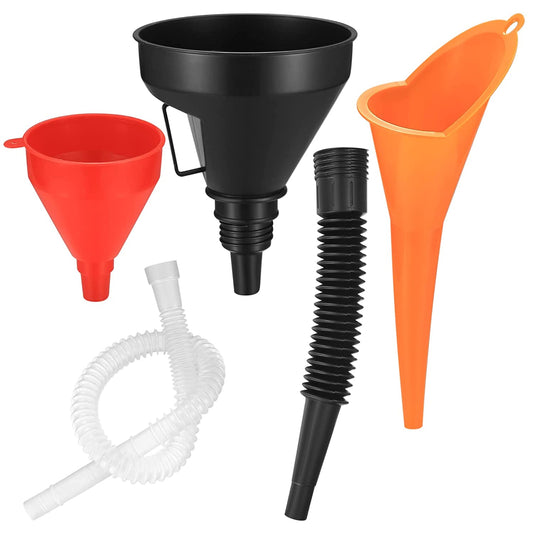 3 Pcs Right Angle Flexible Plastic Funnel Set, Universal Car Gasoline Fuel Petrol Engine Funnel with Detachable Spout and Long Mouth Funnels for Motorcycle Car Automotive - Red/Orange/Black