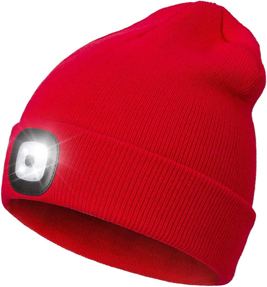 Unisex 4 LED Headlamp Beanie Cap Men'S Gift，3 Brightness Winter Warm Beanie Hat Hands Free Lighted Beanie Cap for Walking Night, Camping, Dog Walking, Biking