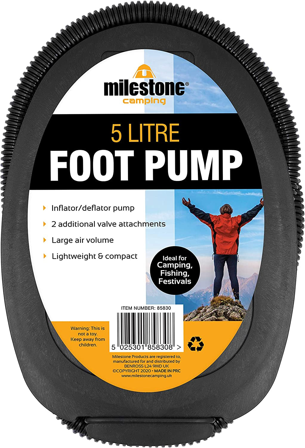 85830 5-Litre Foot Operated Air Pump / Suitable for All Inflatables / Includes 2 Nozzles / Lightweight & Portable / 26.5Cm X 18.5Cm