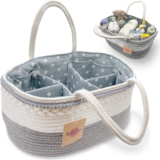 Baby Nappy Caddy Organiser, Cotton Rope Basket for Diaper Storage with Changeable Dividers, Baby Essentials for Newborn Baby Gifts Portable Nursery Bin, Baby Shower Gifts Hamper for Mums