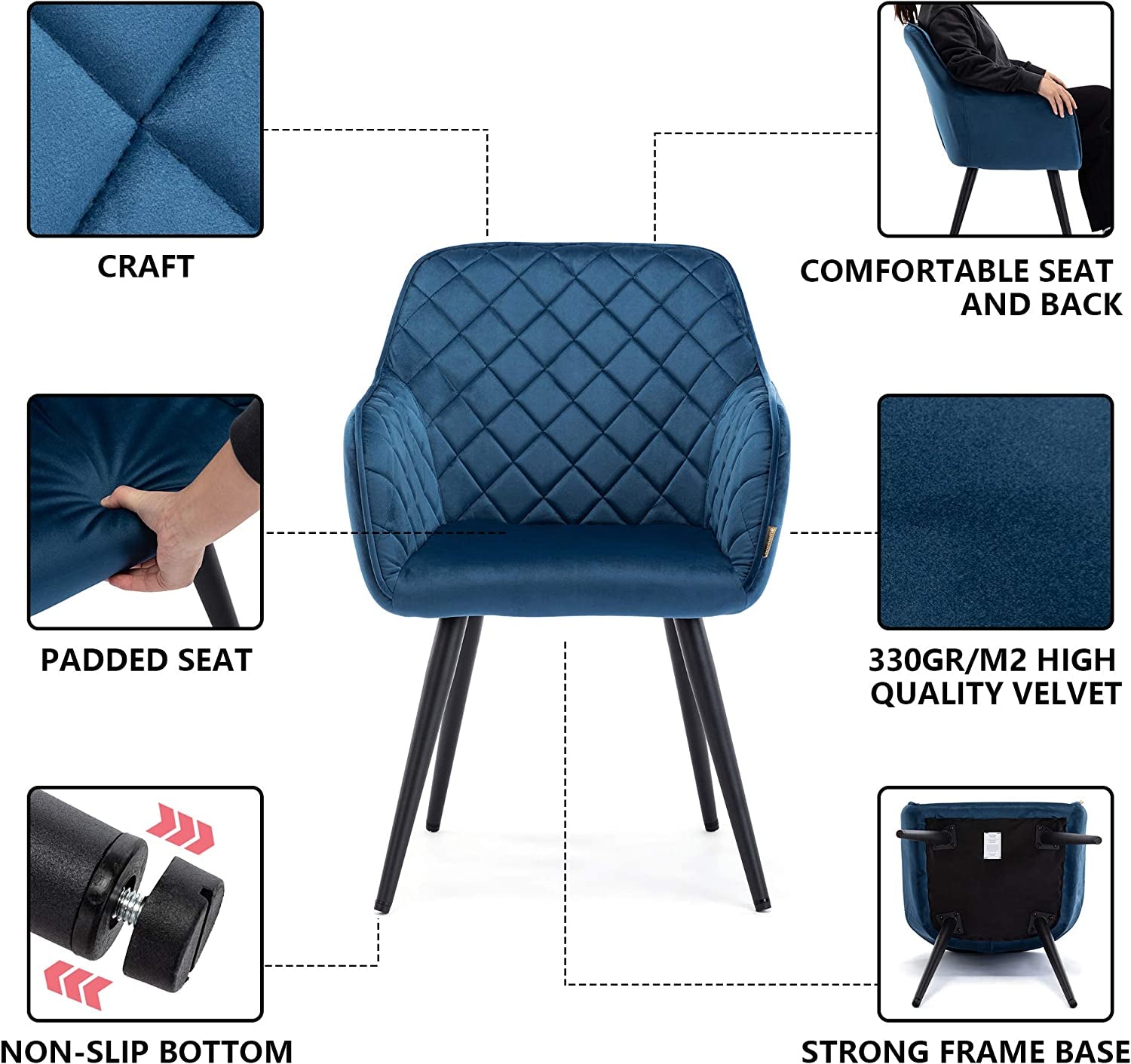 Dalton Upholstered Kitchen Dining Chair with Arms and Back, Strong Metal Leg, Lounge Living Room Armchair Reception Tub Chair (Navy, Velvet)