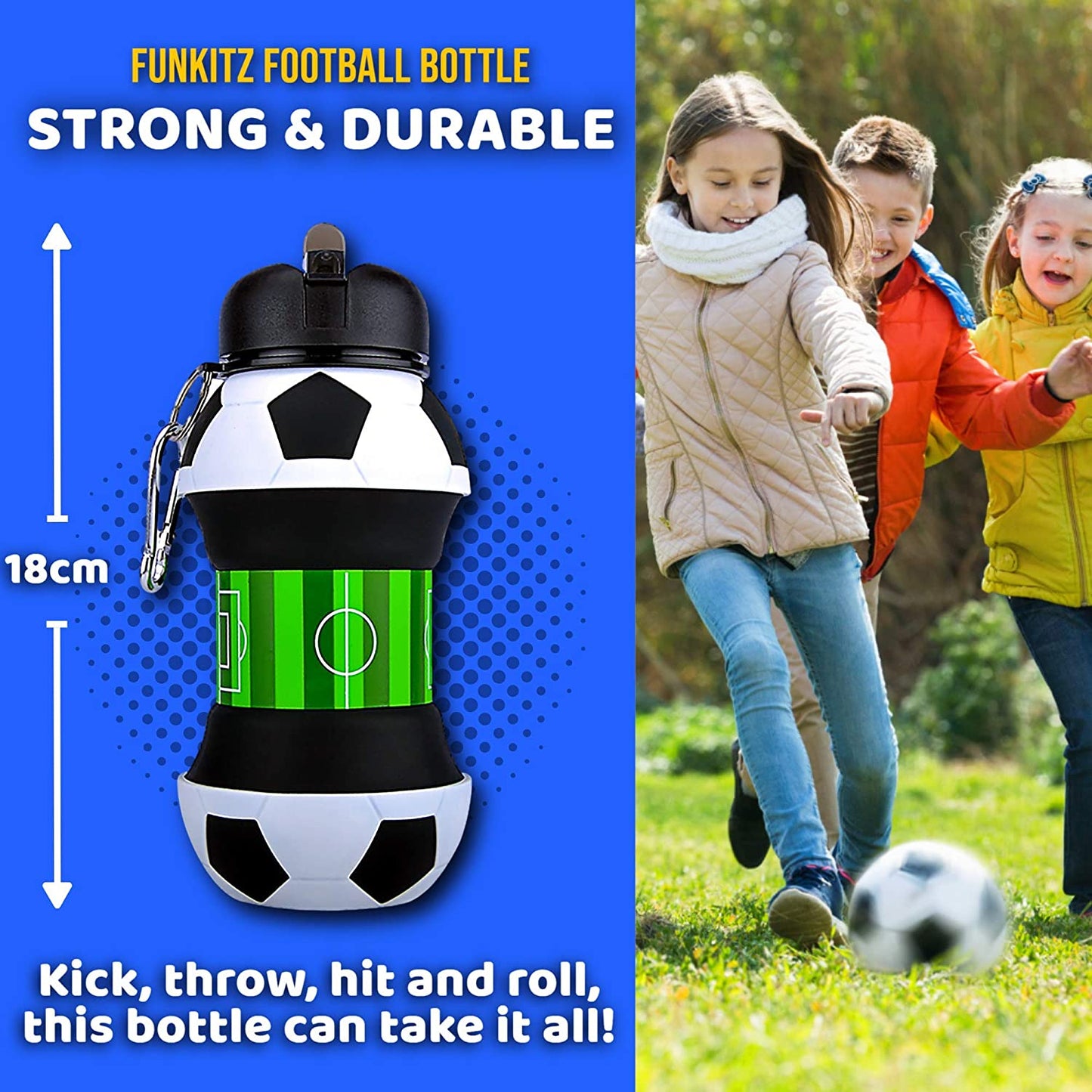 Football Water Bottle - Unique Football Gifts for Boys and Girls - Cool Kids Water Bottle, Collapsible, Leakproof - Boys Water Bottle - BPA Free - 550 Ml