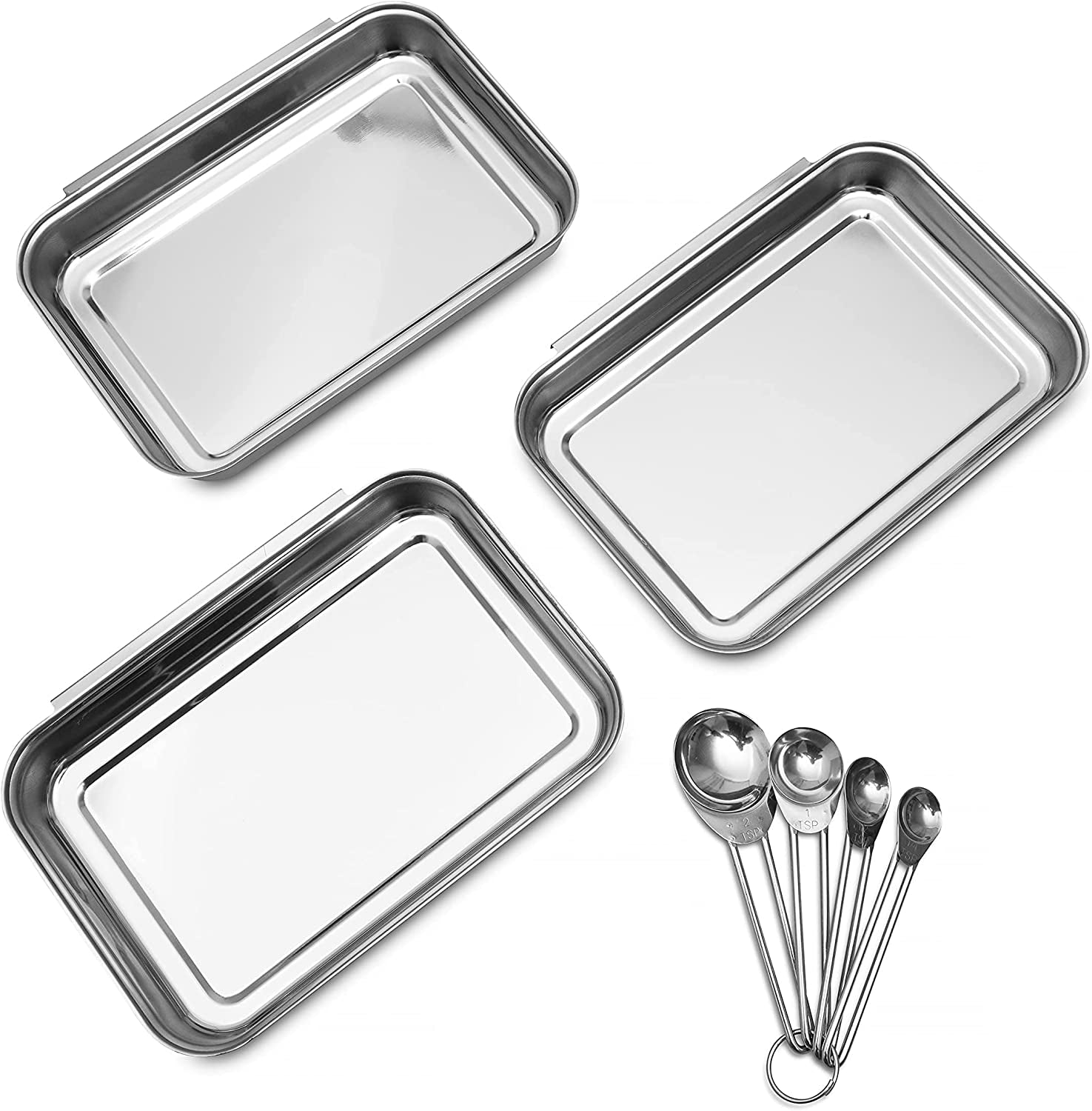 3 Piece Breading Tray Set - Stainless Steel Crumbing Coating Pans with Overlapping Rims - Preparing Dredging Bread Crumb Dishes; Panko, Schnitzel and Fish - with 4 Piece Measuring Spoons
