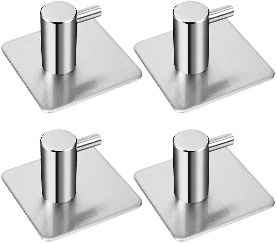 4 Pack Rustproof Stainless Steel Stick on Hooks Self Adhesive from , Waterproof Strong Bonding Power Sticky Hooks for Kitchens, Bathrooms, Lavatories, Closets, Office(Square)