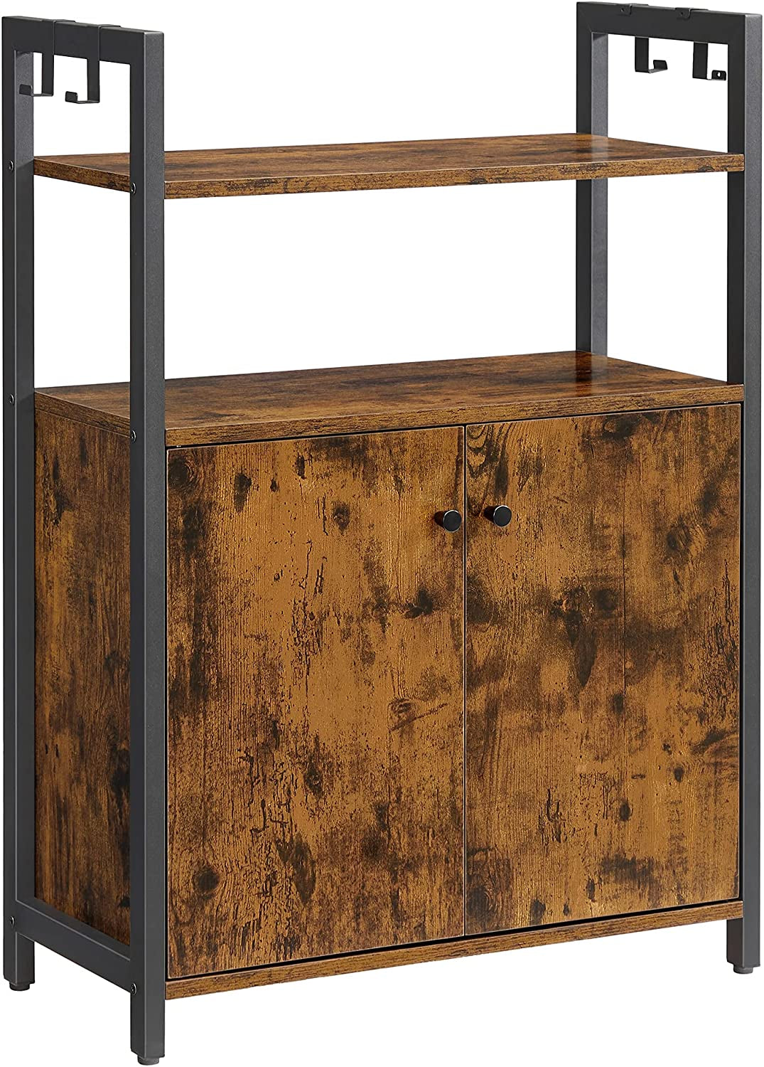 Storage Cabinet, Sideboard, Floor Standing Cabinet with Cupboard and Open Shelves, Steel Frame, for Dining Room Kitchen Living Room Entrance Bedroom, Rustic Brown and Black LSC602B01