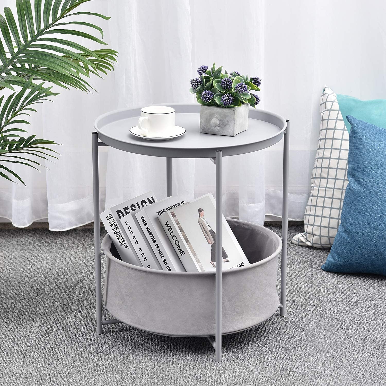 Coffee round Table, Metal Nightstand, Sofa Side Snack Table, Bedside End Table with Detachable Tray Top and Fabric Storage Basket, Scandi Style Lamp Table for Living Room Bedroom (Light Grey)