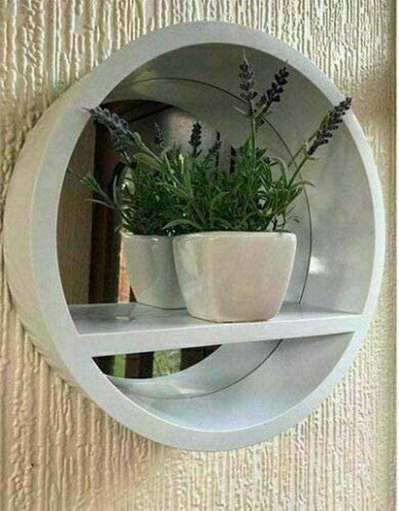 ® Retro White Wooden Shelf Floating Wall Mirror Display Unit round Porthole Mirrored Wall Wooden Shelf Indoor Living Large Frame Rack Shelving Mirrors Bathroom Bedroom Hallway