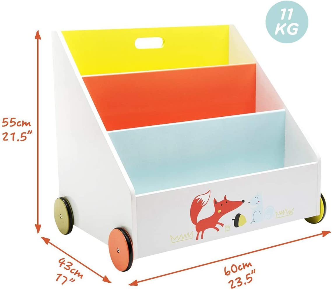 2-In1 Well Bookcase on Wheels for Toddler Toy Storage Unit Wooden Toy Box Creative Bookcase with Cute Animal Patterns Orange Fox’