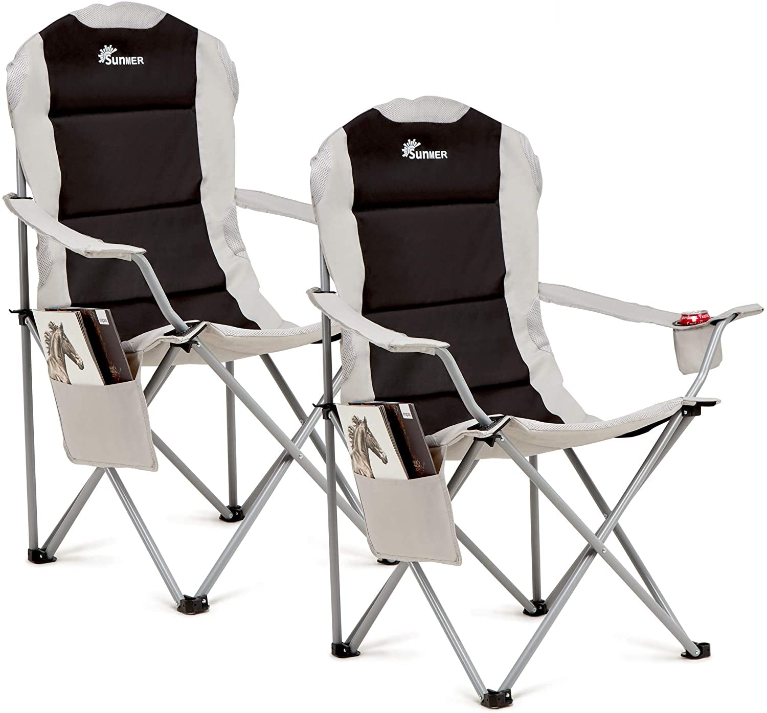 Padded Camping Chairs - Set of 2 Deluxe Folding Chairs with Cup Holder and Side Pockets, Holds up to 120Kg - Lightweight 3.3Kg per Chair - Black & Grey