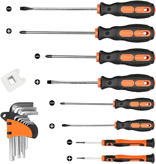 8PCS Screwdriver Set, 9PCS Allen Wrench/Hex Key Set, Magnetic Screwdrivers with 4 Flat & 4 Phillips Head, Non-Slip Cushion Grip Hand Tools for Home Improvement, Magnetizer and Storage Bag