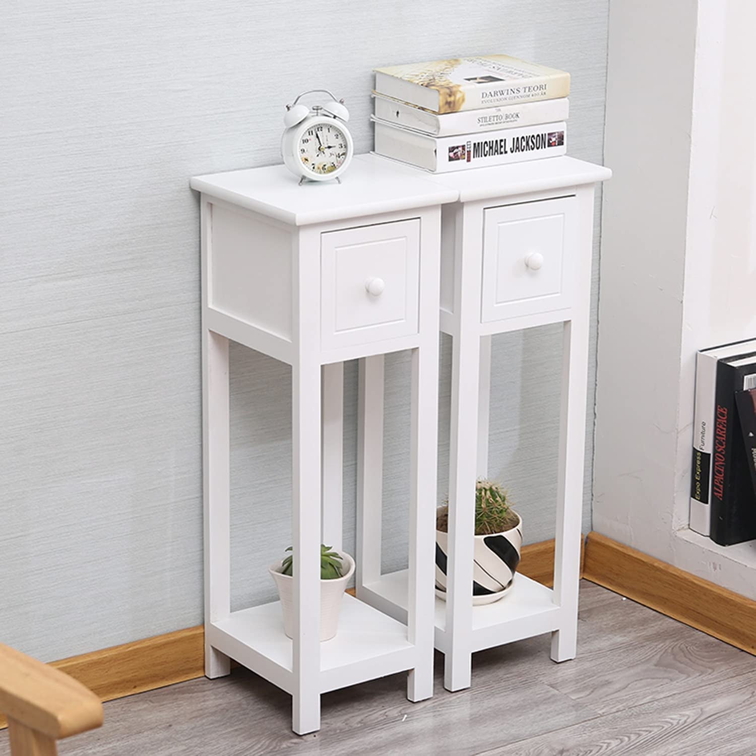 Pair of Bedside Table Storage Cabinet with 1 Drawer White Wooden Furniture Shelf Side Table Slim Tall Telephone Table Chest of Drawers Fully Assembled for Bedroom Living Room Hallway