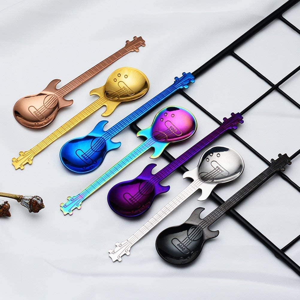 Guitar Coffee Teaspoons, 7Pcs Colorful Stainless Steel Musical Coffee Spoons Cute Tea Spoons Set Stirring/Mixing/Sugar/Dessert/Jam/Ice Cream Spoon