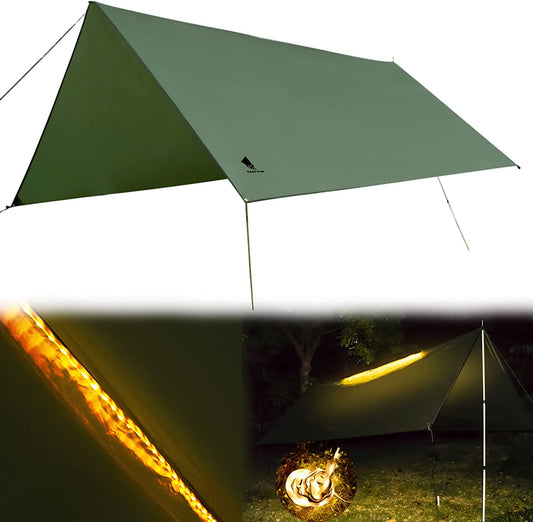 Camping Tarp, Waterproof Hammock Tarp Rain Fly Lightweight Tent Tarp Shelter with LED Light for Camping Hiking Backpacking Traveling